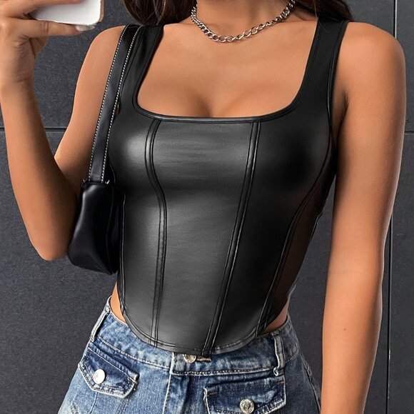 Black Preppy Womens Square Neck Asymmetrical Hem PU Tank Top - Picture 3 of 6